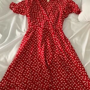 Red and White Puff Sleeve Wrap Sundress